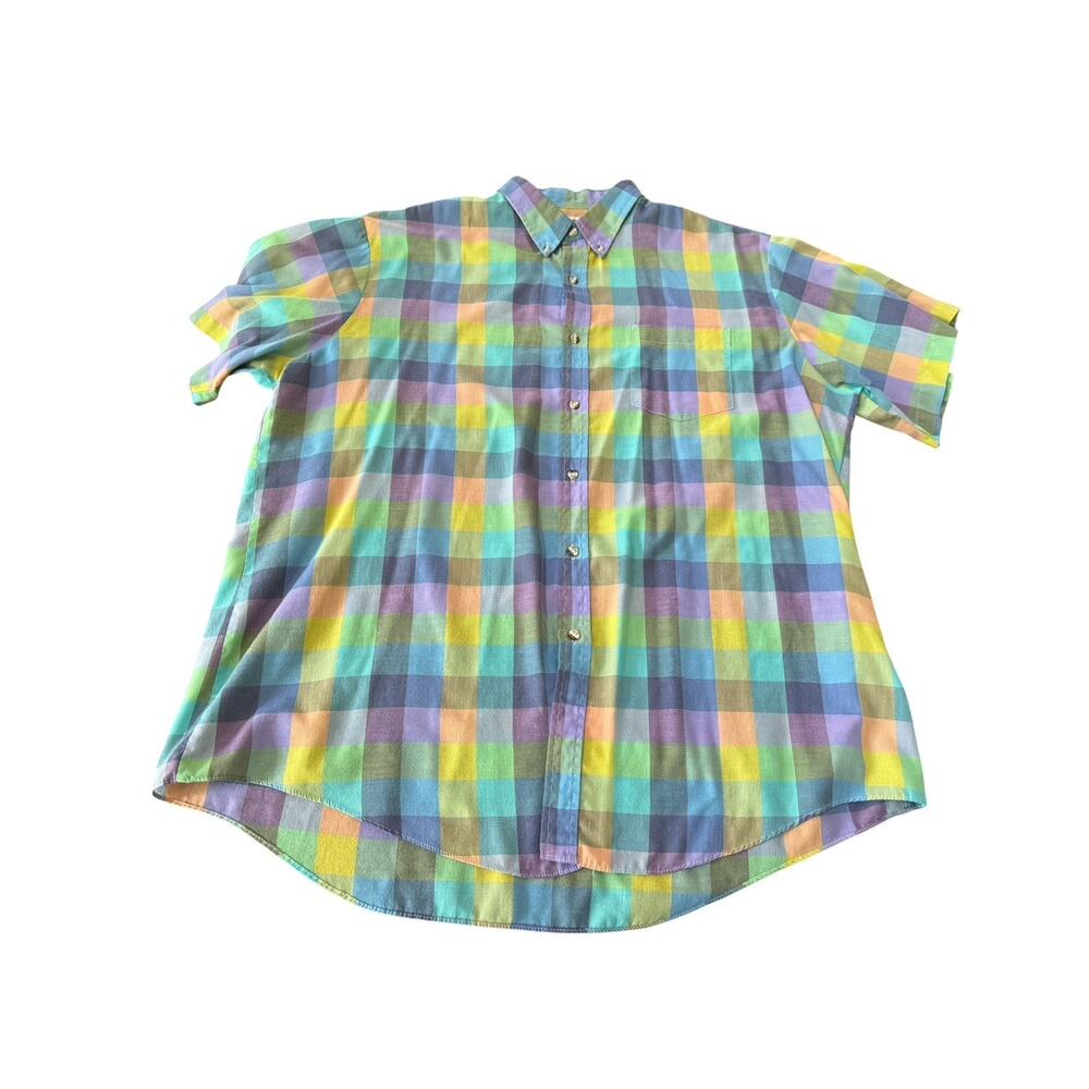 Ivy Club Mens L Plaid Shirt Blue Green Pastel Short Sleeve Summer Lightweight